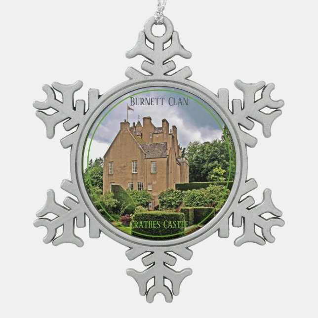 Elegant Burnett Scottish Clan Crathes Castle Snowflake Pewter Christmas Ornament (Front)