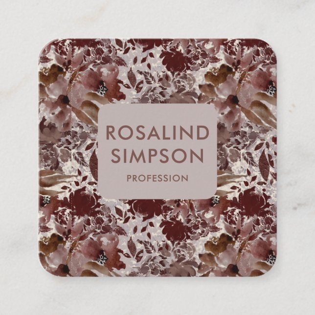 Elegant Burnt and Brown Floral Pattern Square Business Card (Front)