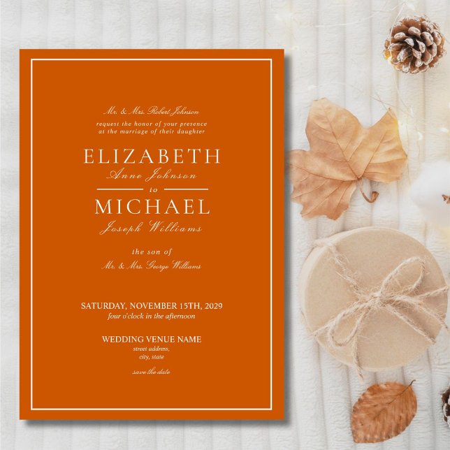 Elegant Burnt orang & White Classic Script wedding Invitation (Creator Uploaded)