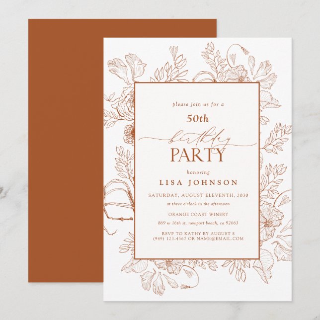 Elegant Burnt Orange 50th Birthday Floral Line Art Invitation (Front/Back)