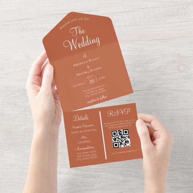 Elegant Burnt Orange all in one wedding invitation (Tearaway)