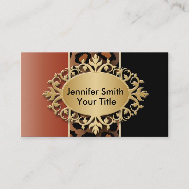 Elegant Burnt Orange and Black Leopard Print Business Card (Front)