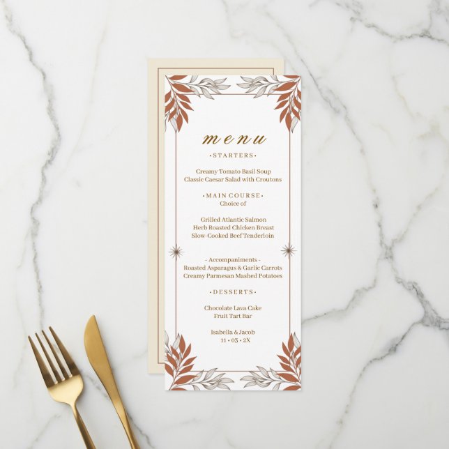 Elegant Burnt Orange Botanical Line Art Dinner  Menu (Front/Back In Situ)