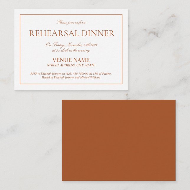 Elegant Burnt Orange Classic Script Rehearsal Enclosure Card (Front/Back)