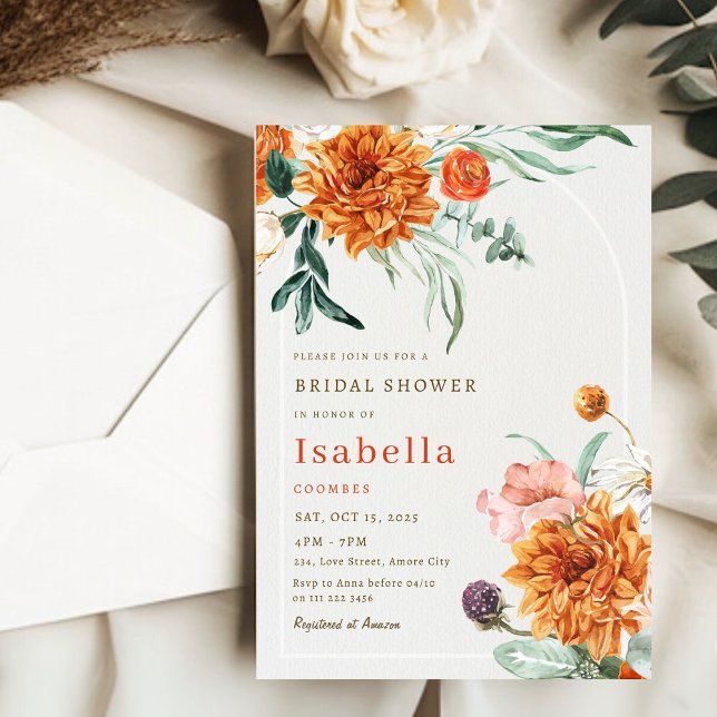 Elegant Burnt Orange Fall Floral Bridal Shower Invitation (Elegant Burnt Orange Fall Floral Bridal Shower Invitation)