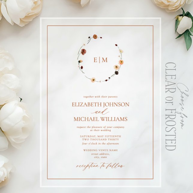 Elegant Burnt Orange Floral Crest Monogram Wedding Acrylic Invitations (Creator Uploaded)