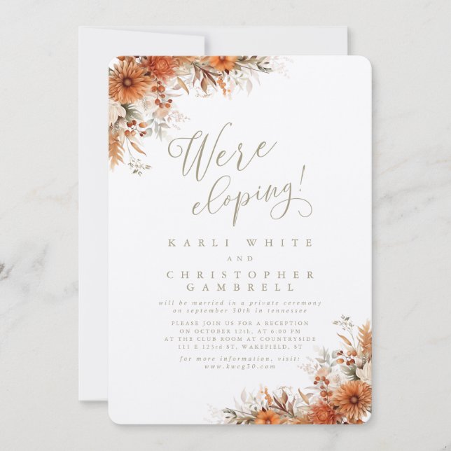 Elegant Burnt Orange Floral Elopement Reception Invitation (Front)