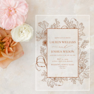 Elegant Burnt Orange Floral Line Art Wedding Acrylic Invitations