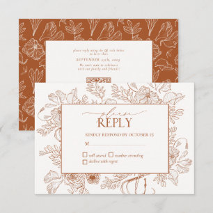 Elegant Burnt Orange Floral Line Art Wedding RSVP Card