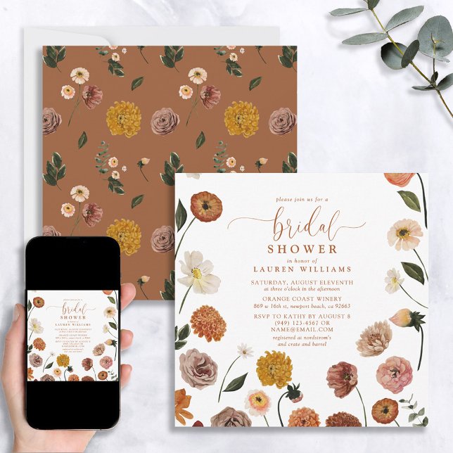 Elegant Burnt Orange Garden Flowers Bridal Shower Invitation (Creator Uploaded)