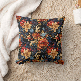 Elegant Burnt Orange Gold Floral Black Cushion