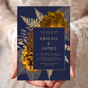 Elegant Burnt Orange Gold Floral Navy Blue Wedding Invitation
