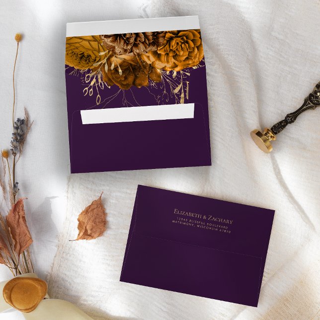 Elegant Burnt Orange Gold Floral Purple Wedding Envelope (Creator Uploaded)