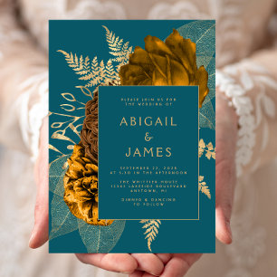 Elegant Burnt Orange Gold Floral Teal Blue Wedding Invitation