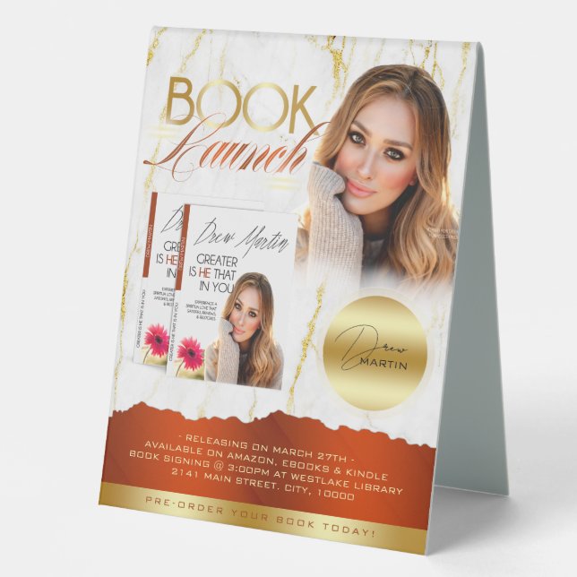 Elegant Burnt Orange & Gold Marble Book Launch (Front)