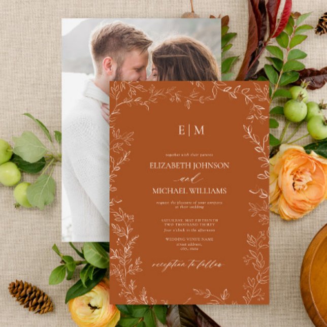Elegant Burnt Orange Leaf Photo Monogram Wedding Invitation (Creator Uploaded)