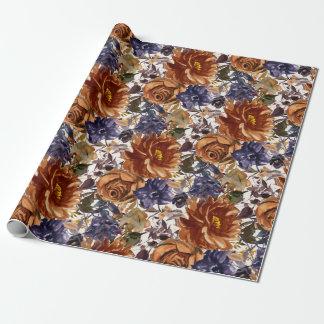 Elegant Burnt Orange Navy Blue Fall Autumn Floral Wrapping Paper