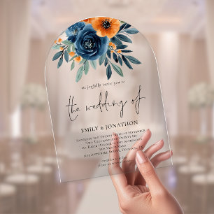 Elegant Burnt Orange Navy Florals Wedding Acrylic Invitations