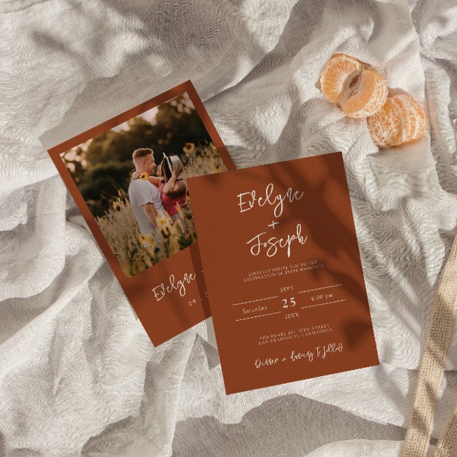 Elegant Burnt Orange Photo Boho Modern Wedding Invitation (Creator Uploaded)