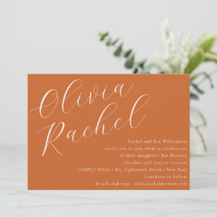 Elegant Burnt Orange Script Minimal Bat Mitzvah Invitation
