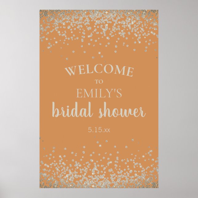 Elegant Burnt Orange Silver Confetti Bridal Shower Poster (Front)