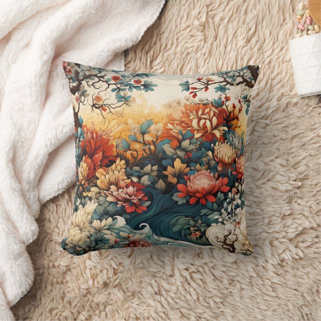 Elegant Burnt Orange Teal Gold Floral Chinoiserie Cushion (Blanket)