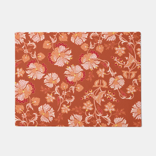 Elegant burnt orange terracotta floral pattern doormat (Front)