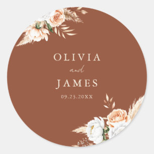 Elegant Burnt Orange Terracotta Floral Wedding  Classic Round Sticker