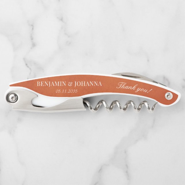Elegant Burnt Orange Wedding Thank You Favours Corkscrew (Front)