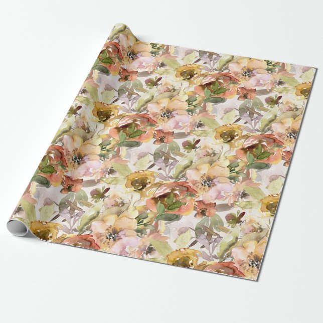 Elegant Burnt Orange Yellow Fall Autumn Floral Wrapping Paper (Unrolled)