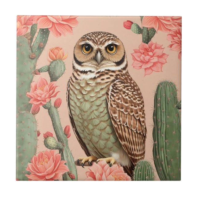 Elegant Burrowing Owl And Cactuses  Ceramic Tile (Front)