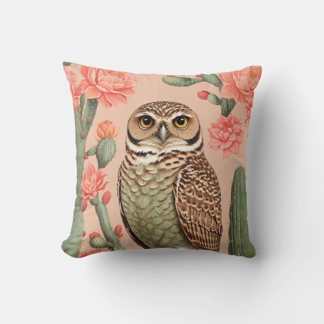 Elegant Burrowing Owl And Cactuses  Cushion (Front)