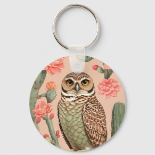 Elegant Burrowing Owl And Cactuses  Key Ring