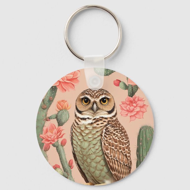 Elegant Burrowing Owl And Cactuses  Key Ring (Front)