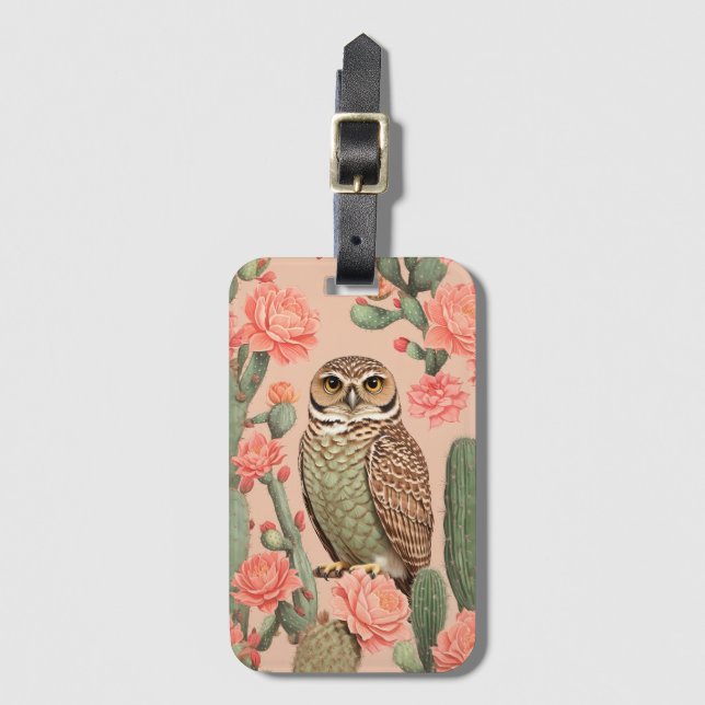 Elegant Burrowing Owl And Cactuses  Luggage Tag (Front Vertical)