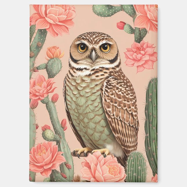 Elegant Burrowing Owl And Cactuses  Magnet (Front)