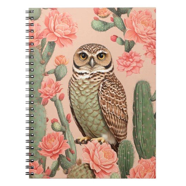 Elegant Burrowing Owl And Cactuses  Notebook (Front)