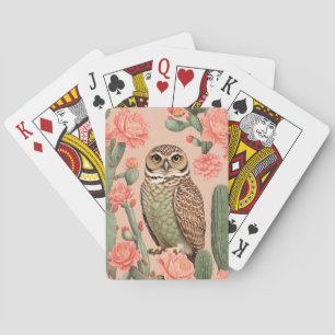 Elegant Burrowing Owl And Cactuses Playing Cards