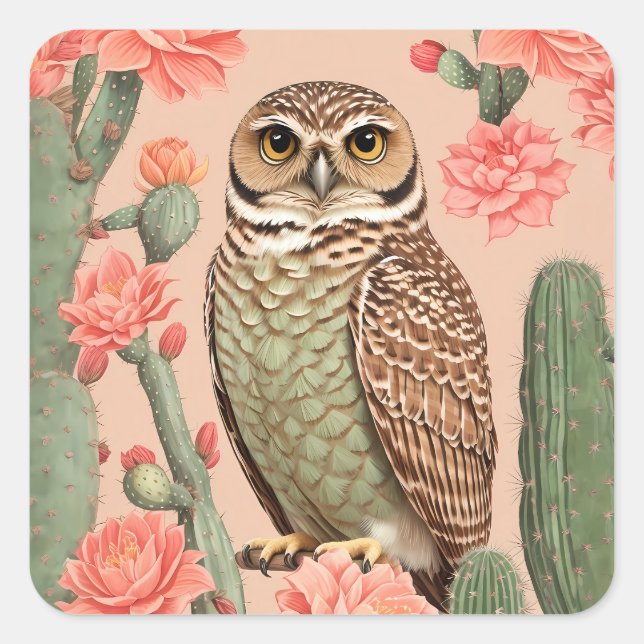 Elegant Burrowing Owl And Cactuses  Square Sticker (Front)