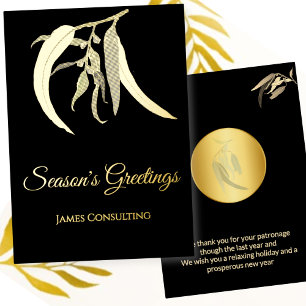 Elegant Business Botanical Christmas Black Gold Foil Holiday Card