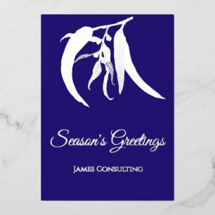 Elegant Business Botanical Christmas Blue Silver Foil Holiday Card
