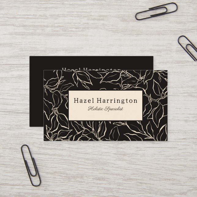 Elegant Business Card Black White Botanical Leaves (Front/Back In Situ)