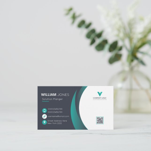 Elegant Business Card, Green White QR Code Business Card (Standing Front)