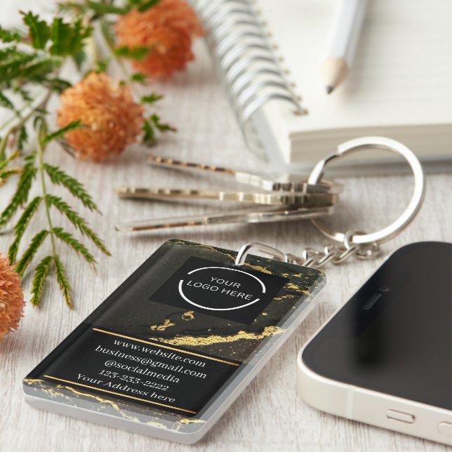 Elegant Business Logo Black and Gold Marbled  Key Ring (Front Right)