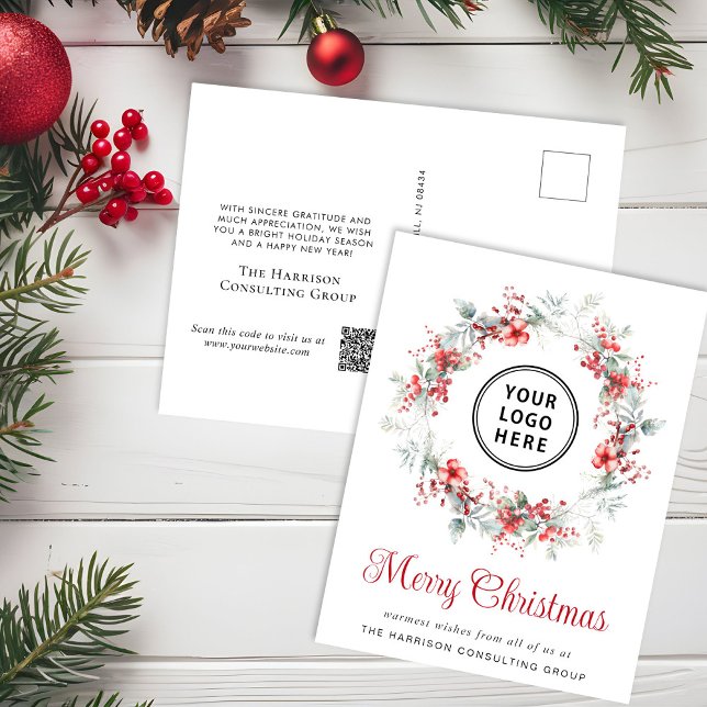 Elegant Business Logo QR Code Merry Christmas Holiday Postcard (Creator Uploaded)