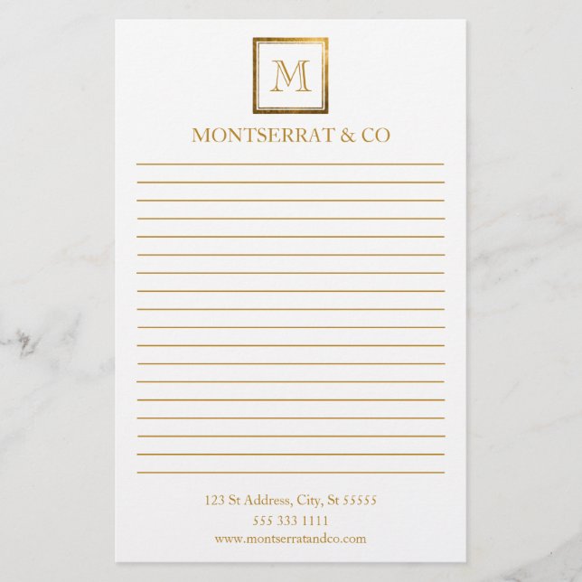 Elegant Business Monogram Logo Gold Square Lined Stationery (Front)