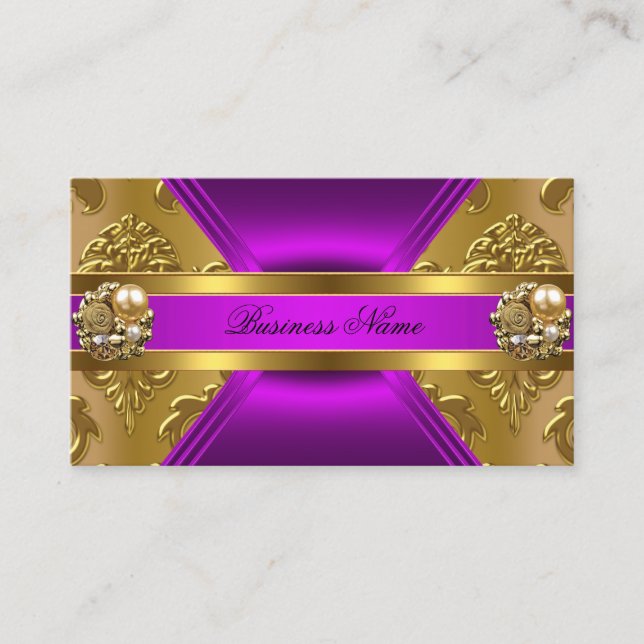 Elegant Business Purple Magenta Gold Damask Jewel Business Card (Front)
