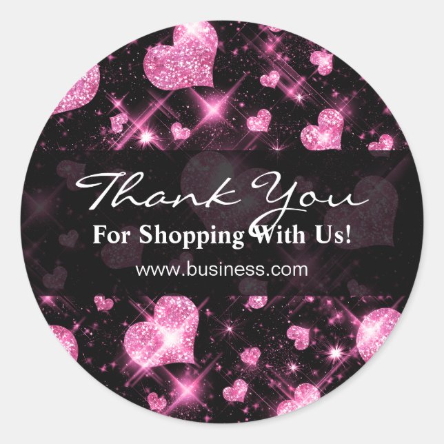 Elegant Business Thank You Pink Glitter Hearts Classic Round Sticker (Front)