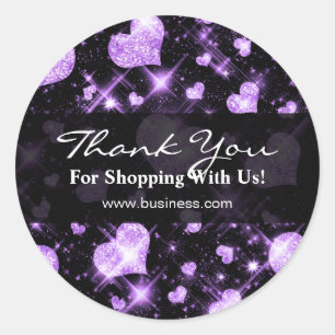 Elegant Business Thank You Purple Glitter Hearts Classic Round Sticker