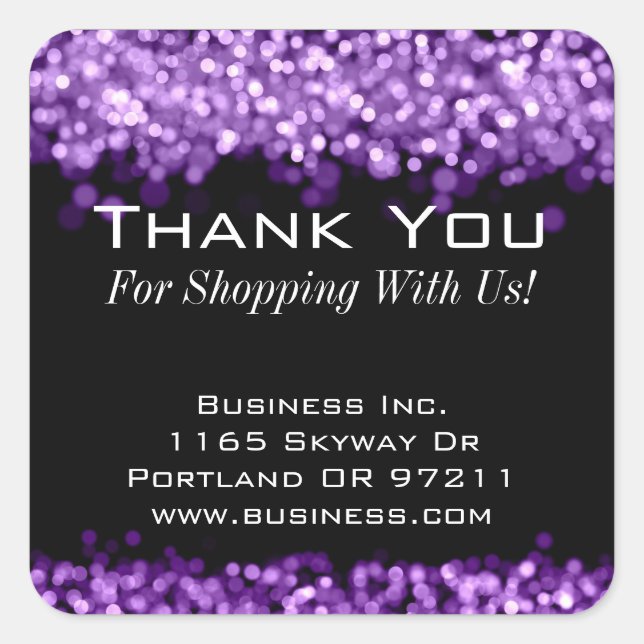 Elegant Business Thank You Sparkling Lights Purple Square Sticker (Front)